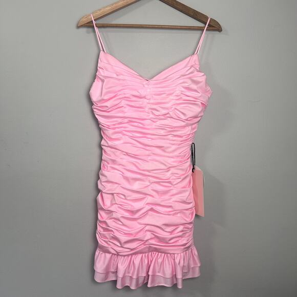 KISSPROM Dresses & Skirts - KissProm Spaghetti Strap Sheath Lace Up Back Homecoming Dress Ruched Ruffle sz 9